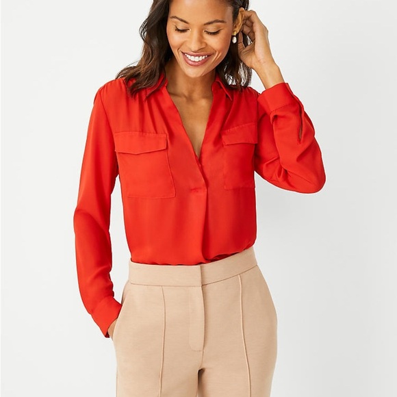 Ann Taylor Camp Shirt Red Blouse - Picture 1 of 8